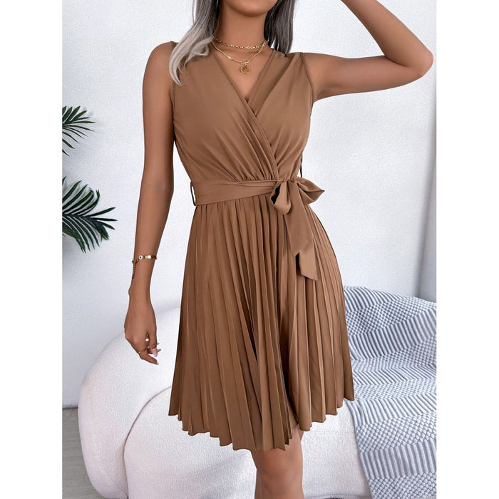 Tied Surplice Sleeveless Pleated Dress