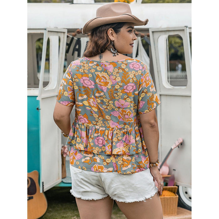 Layered Printed Round Neck Short Sleeve Blouse