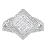 Bids.com .925 Sterling Silver 1/3 Cttw Invisible Set Princess-Cut Diamond Rhombus and Beaded Halo Ring (H-I Color, SI1-SI2 Clarity) - Ring Size 7 Rings