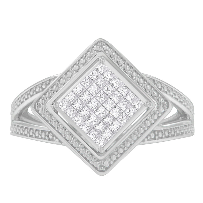 Bids.com .925 Sterling Silver 1/3 Cttw Invisible Set Princess-Cut Diamond Rhombus and Beaded Halo Ring (H-I Color, SI1-SI2 Clarity) - Ring Size 7 Rings