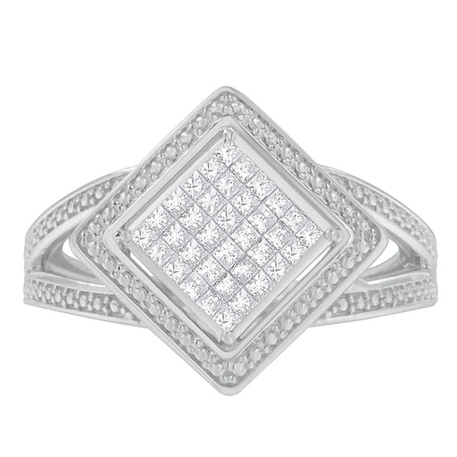 Bids.com .925 Sterling Silver 1/3 Cttw Invisible Set Princess-Cut Diamond Rhombus and Beaded Halo Ring (H-I Color, SI1-SI2 Clarity) - Ring Size 7 Rings