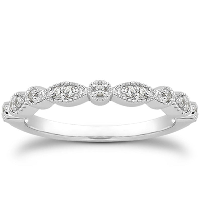 Bids.com 14k White Gold Vintage Look Fancy Pave Diamond Milgrain Wedding Ring Band Rings