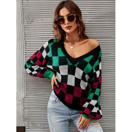 Checkered V-Neck Lantern Sleeve Sweater