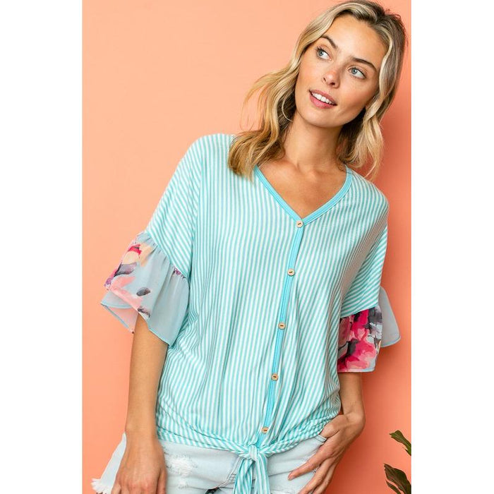 STRIPE FLORAL MIXED RUFFLE TOP