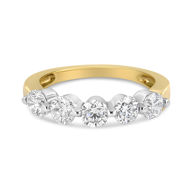 Bids.com 14K White and Yellow Gold 1 1/2 Cttw 2 Prong Cup Set Round-Cut Diamond 5 Stone Ring Band (H-I Color, SI2-I1 Clarity) - Ring Size 7 Rings