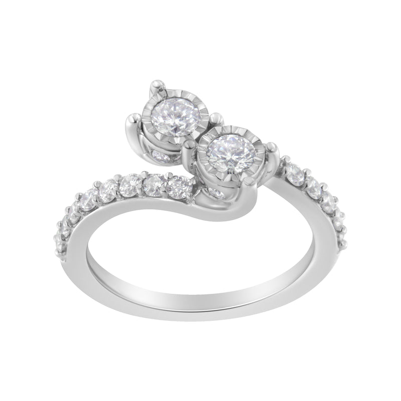 Bids.com 10K White Gold Two-Stone Miracle-Set Diamond Bypass Ring (1 Cttw, H-I Color, I1-I2 Clarity) - Size 6 Rings