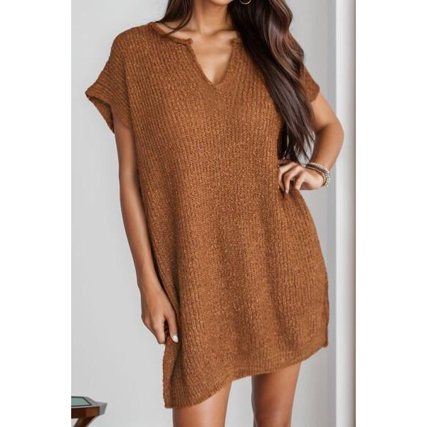 Notched Cap Sleeve Mini Sweater Dress