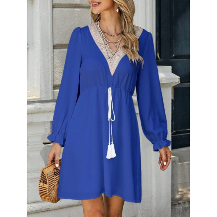 Tassel V-Neck Flounce Sleeve Dress