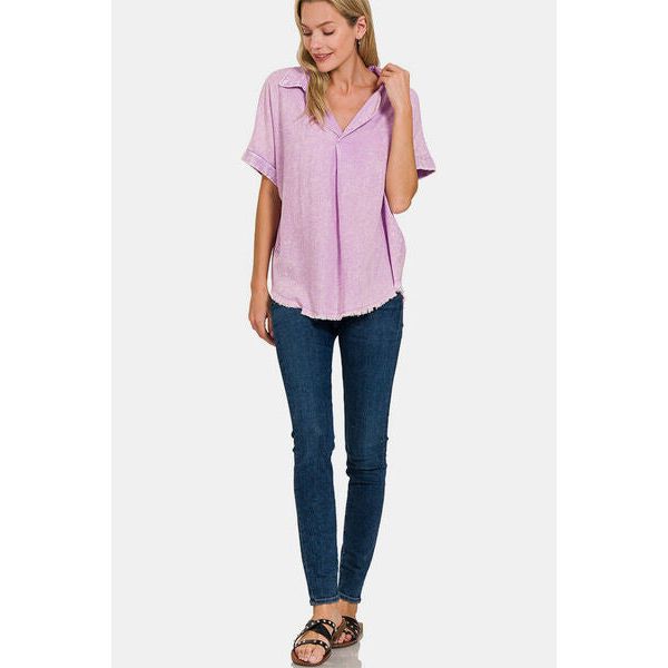 Zenana Washed Linen Raw Hem V-Neck Shirt