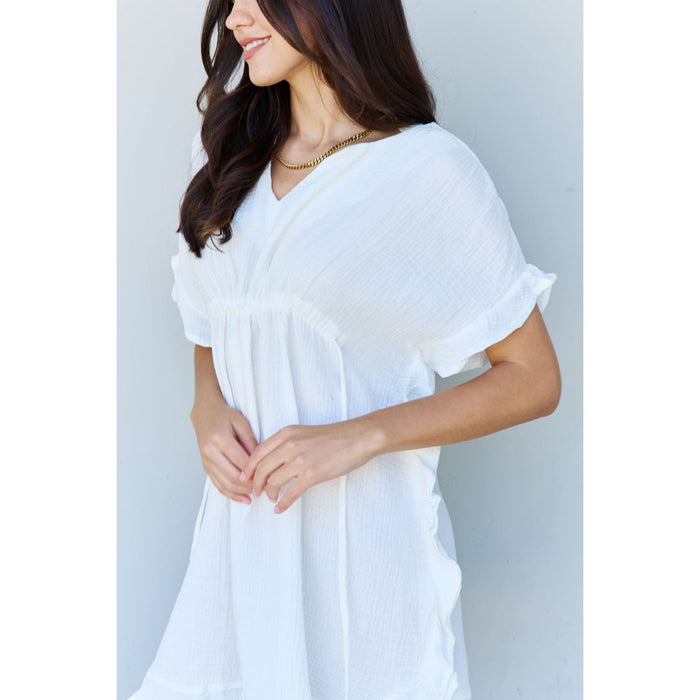 Ruffle Hem Dress with Drawstring Waistband in White