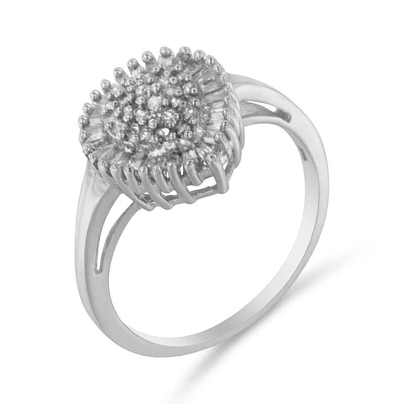 Bids.com 10K White Gold 1/2 Cttw Round & Baguette Cut Diamond Pear Shaped Domed PavÃ© Cluster with Halo Cocktail Ring (H-I Color, SI1-SI2 Clarity) - Size 5 Rings