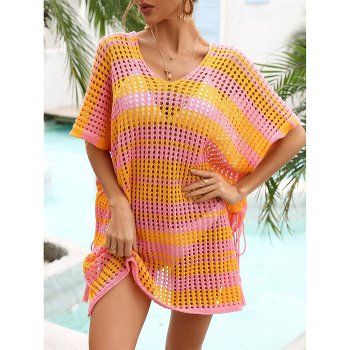 Tassel Openwork Striped V-Neck Cover Up