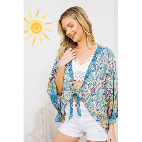 Light Woven Squared Open Kimono Cardigan With Tie