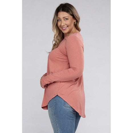 Plus Long Sleeve Round Neck Round Hem Top