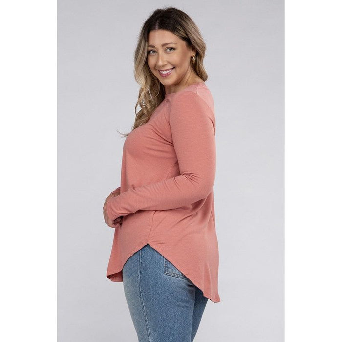 Plus Long Sleeve Round Neck Round Hem Top