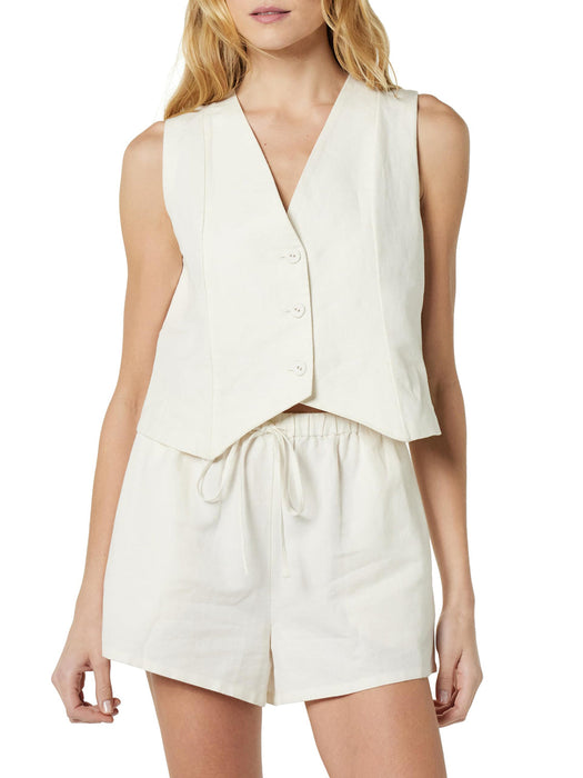 Button Up V-Neck Top and Pocketed Shorts Set