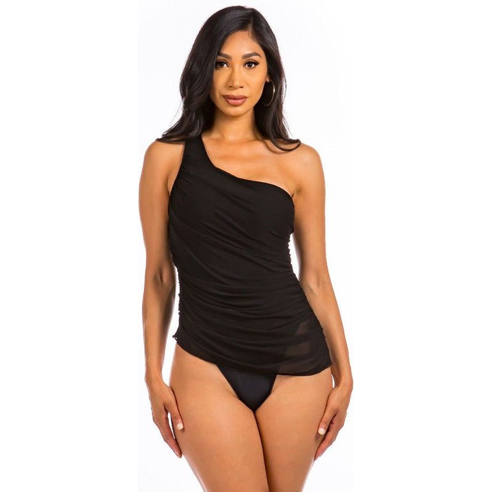 One Piece Single Shoulder Solid Swimsuit With Mesh