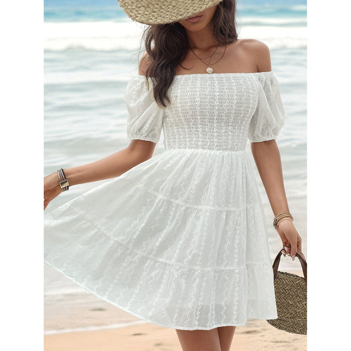 Smocked Eyelet Off-Shoulder Mini Dress