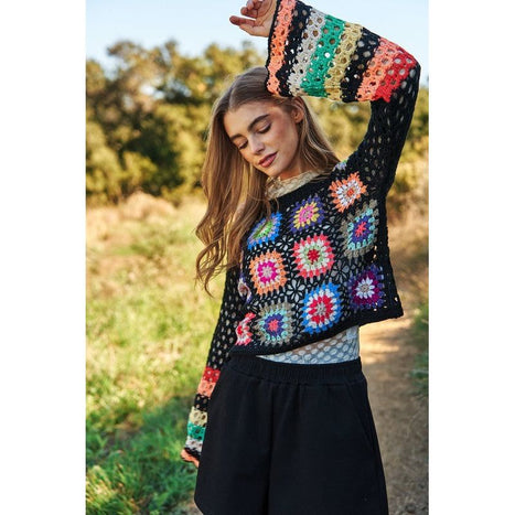 Floral Crochet Striped Sleeve Cropped Knit Sweater