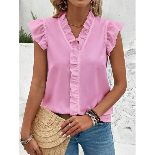 Ruffled V-Neck Cap Sleeve Blouse