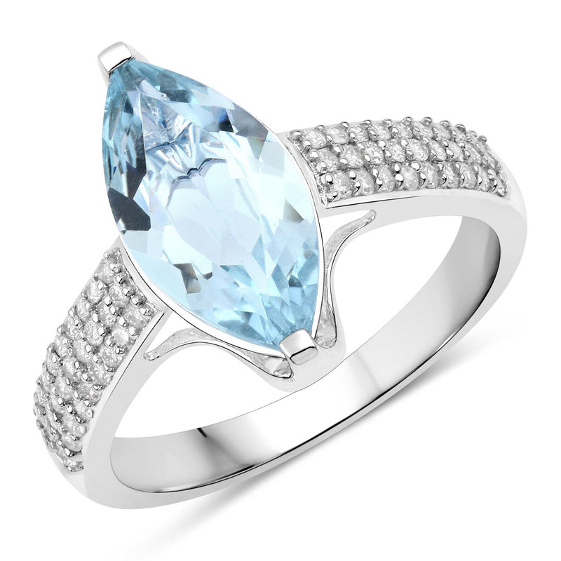 Bids.com 2.09 Carat Genuine Aquamarine and White Diamond 14K White Gold Ring Rings