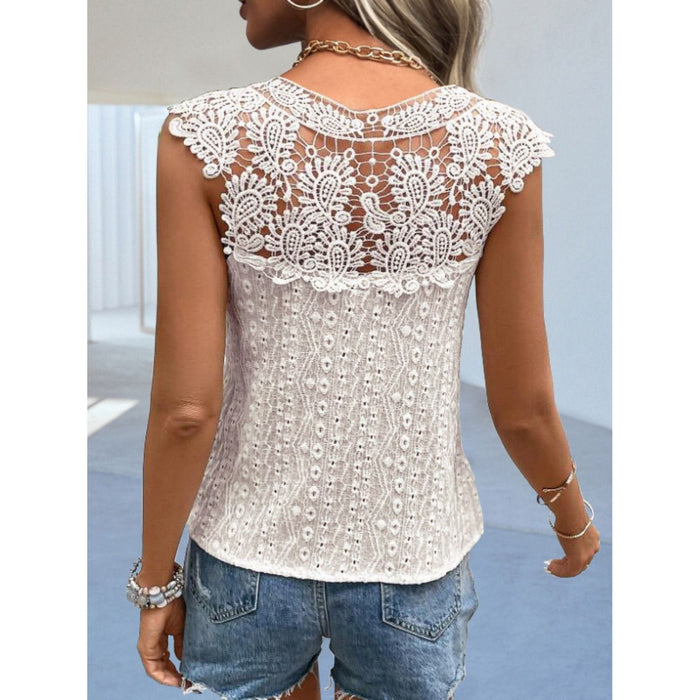 Cutout Lace Detail Notched Blouse