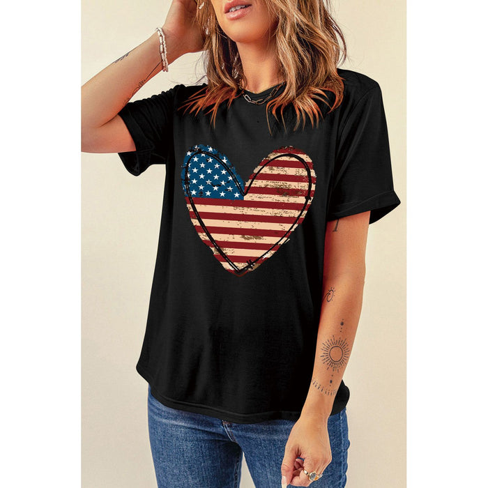 Stars and Stripes Heart Round Neck Short Sleeve T-Shirt in Black