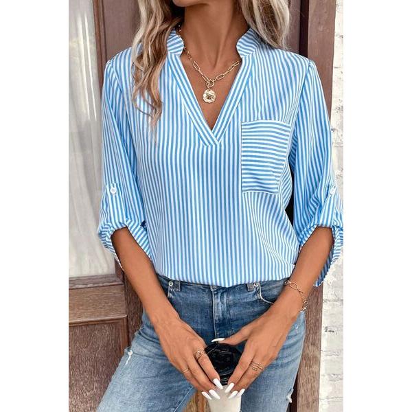 Striped Notched Roll-Tab Sleeve Shirt