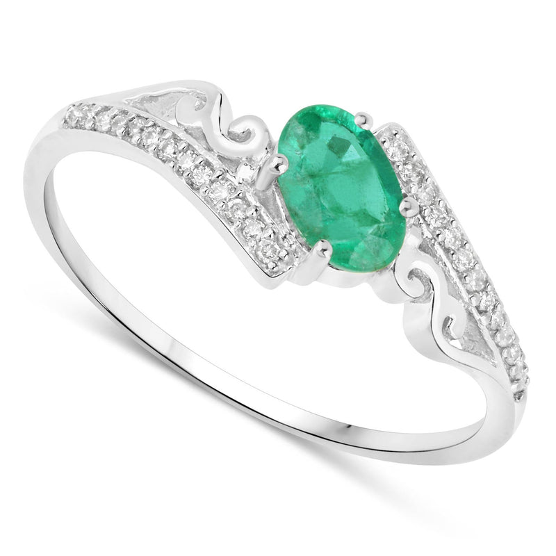 Bids.com 0.51 Carat Genuine Zambian Emerald and White Diamond 14K White Gold Ring Rings