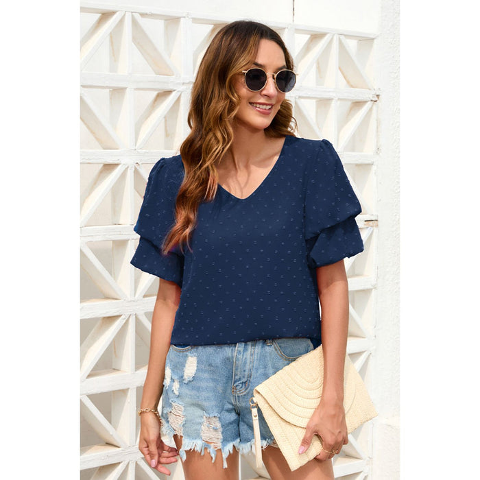 Swiss Dot V-Neck Short Sleeve Blouse