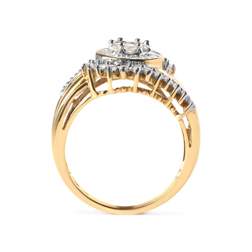 Bids.com 10K Yellow Gold 1 Cttw Round and Baguette cut Diamond Cluster Swirl Band Ring (H-I Color, I1-I2 Clarity) - Ring Size 7 Rings