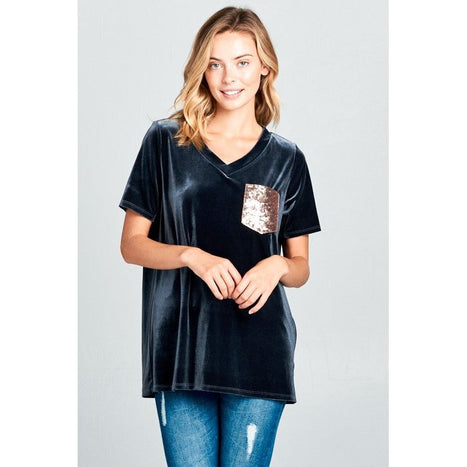 VELVET SEQUINCE POCKET BOXY TOP