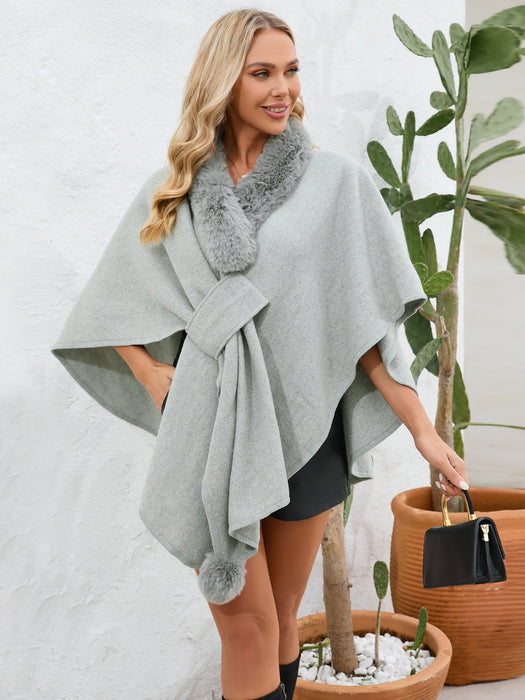 Fuzzy Trim Open Front Poncho