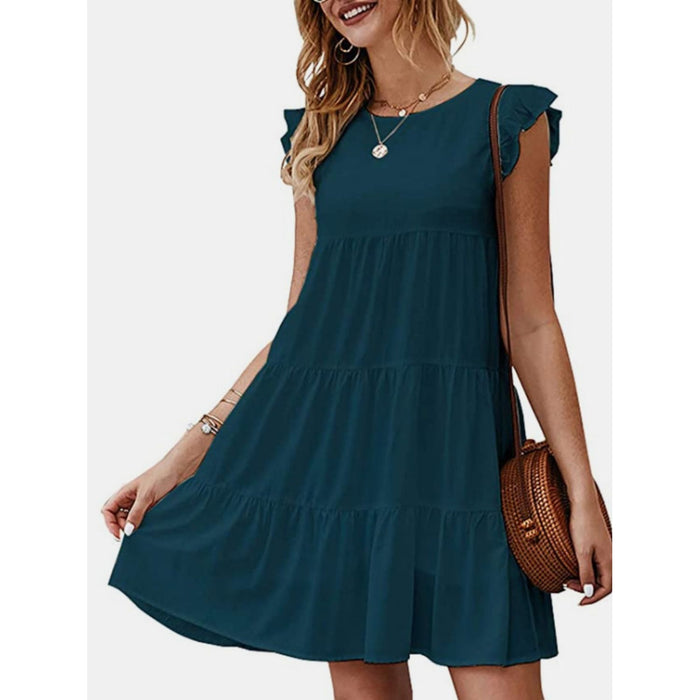 Ruffled Round Neck Cap Sleeve Mini Dress