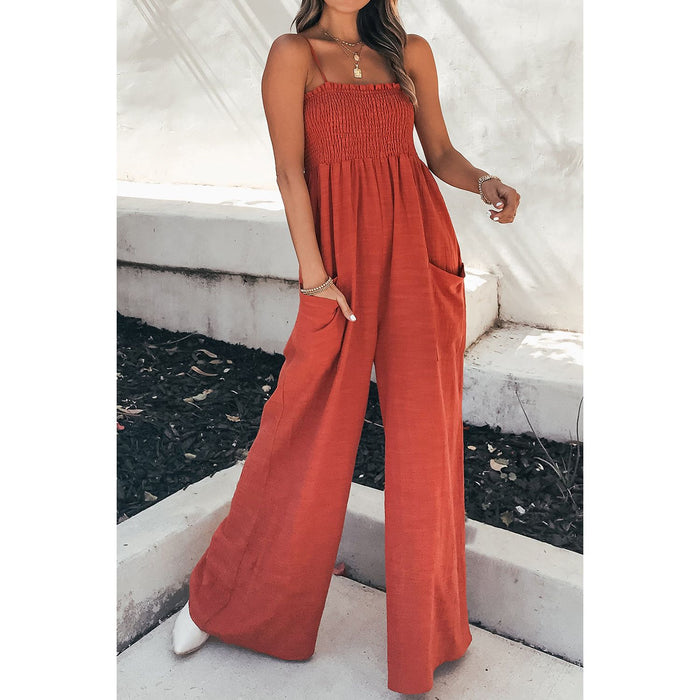 Smocked Spaghetti Strap Wide Leg Jumpsuit