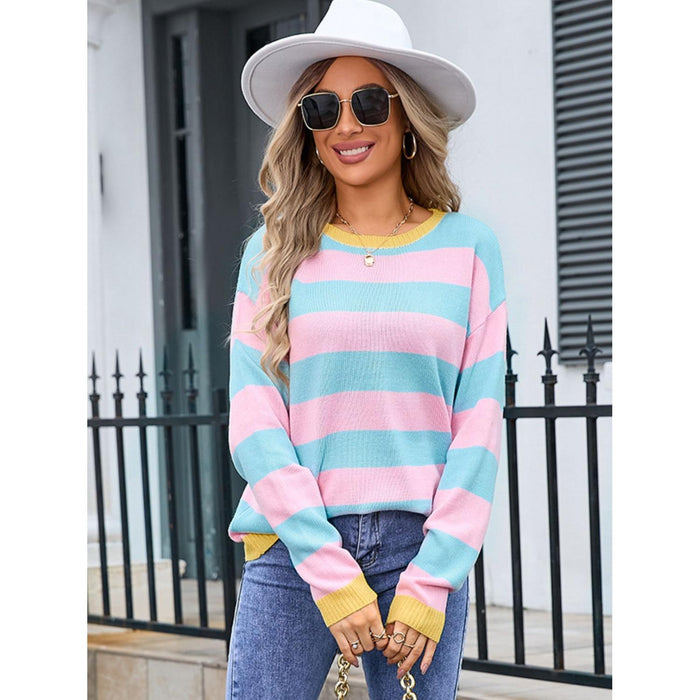 Striped Round Neck Dropped Shoulder Sweater