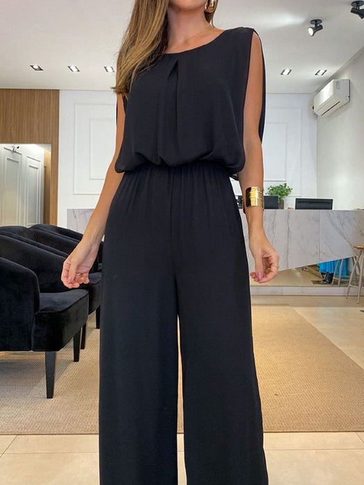 High Waisted Sleeveless Backless Elasticity Pleated Solid Color Split-Joint Jumpsuits by migunica