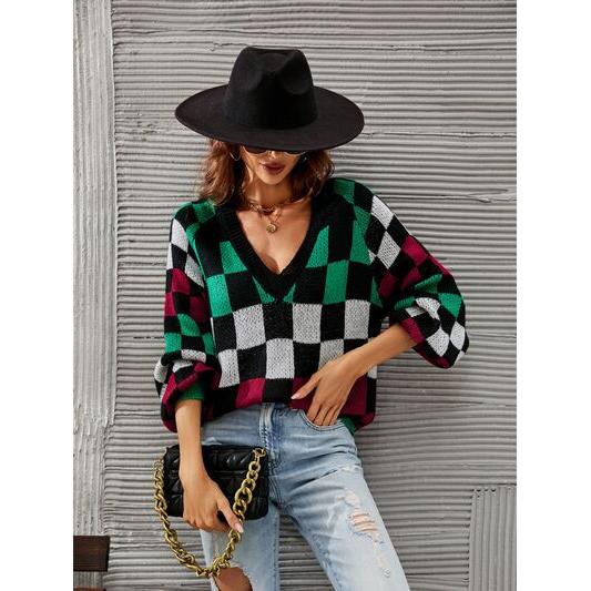 Checkered V-Neck Lantern Sleeve Sweater