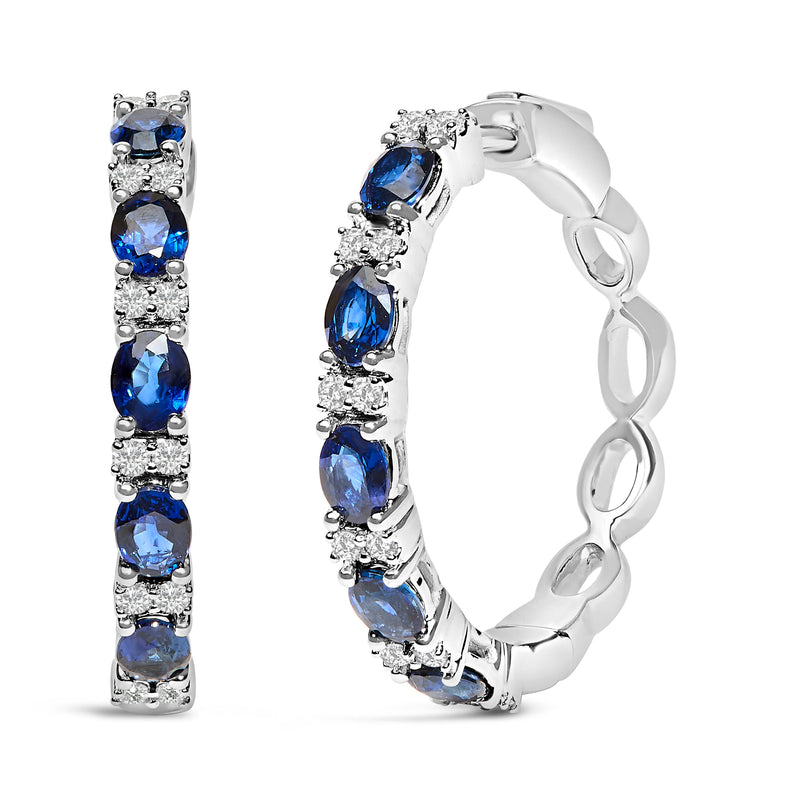 Bids.com 14K White Gold 4x3mm Oval Blue Sapphire and 1/4 Cttw Diamond Alternating Hoop Earring (I-J Color, SI2-I1 Clarity) Earrings