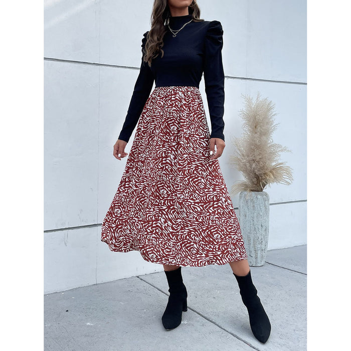 Printed Mock Neck Puff Sleeve Midi Dress