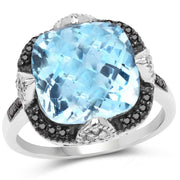 Bids.com 8.29 Carat Genuine Swiss Blue Topaz, Black Diamond & White Diamond .925 Sterling Silver Ring Rings
