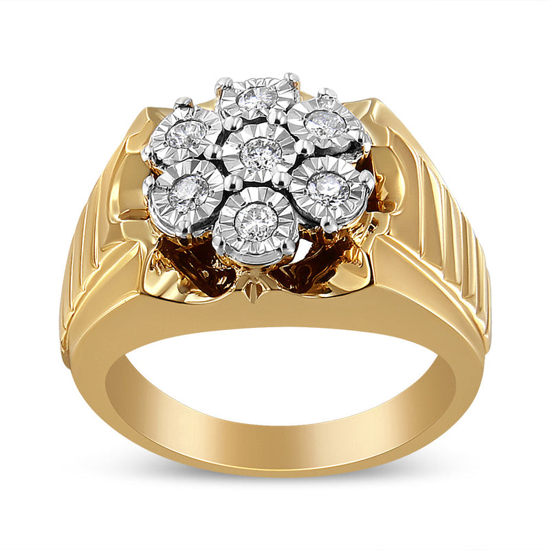Bids.com Men's 14K Yellow Gold Plated .925 Sterling Silver 1/3 Cttw Miracle-Set Floral Diamond Cluster Ring (I-J Color, I1-I2 Clarity) - Size 10 Rings