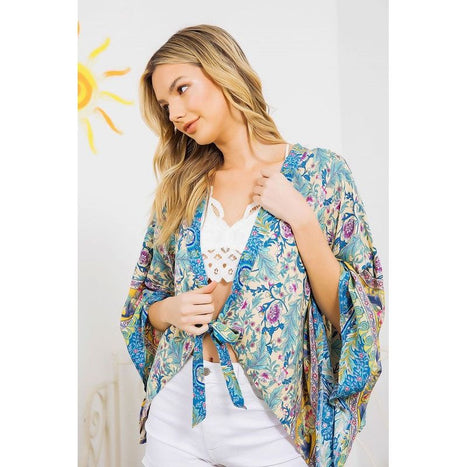 Light Woven Squared Open Kimono Cardigan With Tie