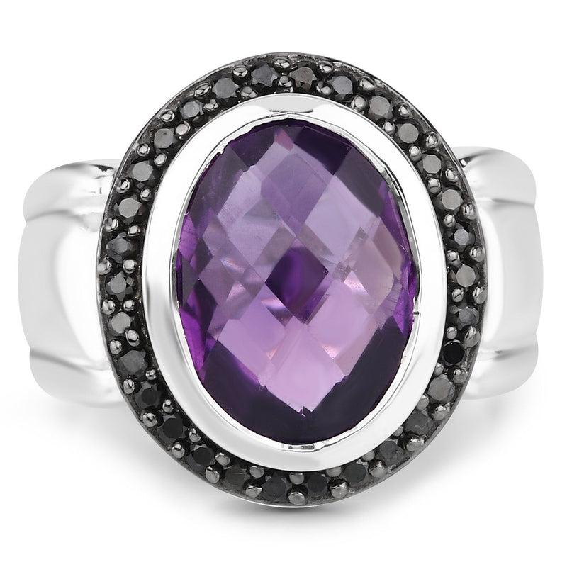Bids.com 5.35 Carat Genuine Amethyst and Black Spinel .925 Sterling Silver Ring Rings