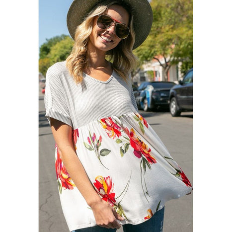 Plus Stripe Floral Baby Doll Top