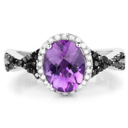 Bids.com 1.64 Carat Genuine Amethyst, Black Diamond & White Diamond .925 Sterling Silver Ring Rings