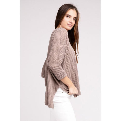 3/4 Sleeve V-Neck Hi-Low Hem Jacquard Sweater