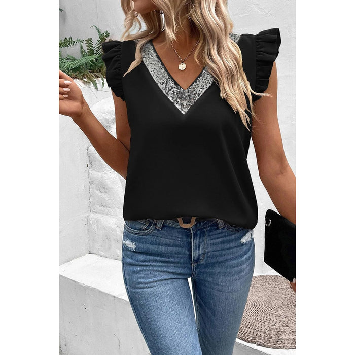 Sequin V-Neck Cap Sleeve Blouse