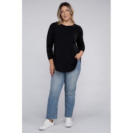 Plus Long Sleeve Round Neck Round Hem Top