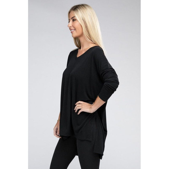 Dolman Long Sleeve V-Neck Side Slit Hi-Low Hem Top